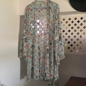 Floral Kimono with Lace Trim